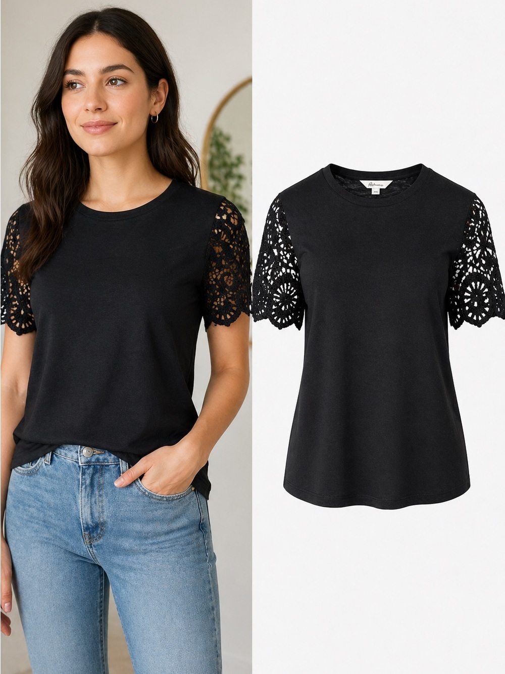 Reitmans | Black Crochet Sleeve Top | Lace Sleeve Tee | Cotton Modal | XXS